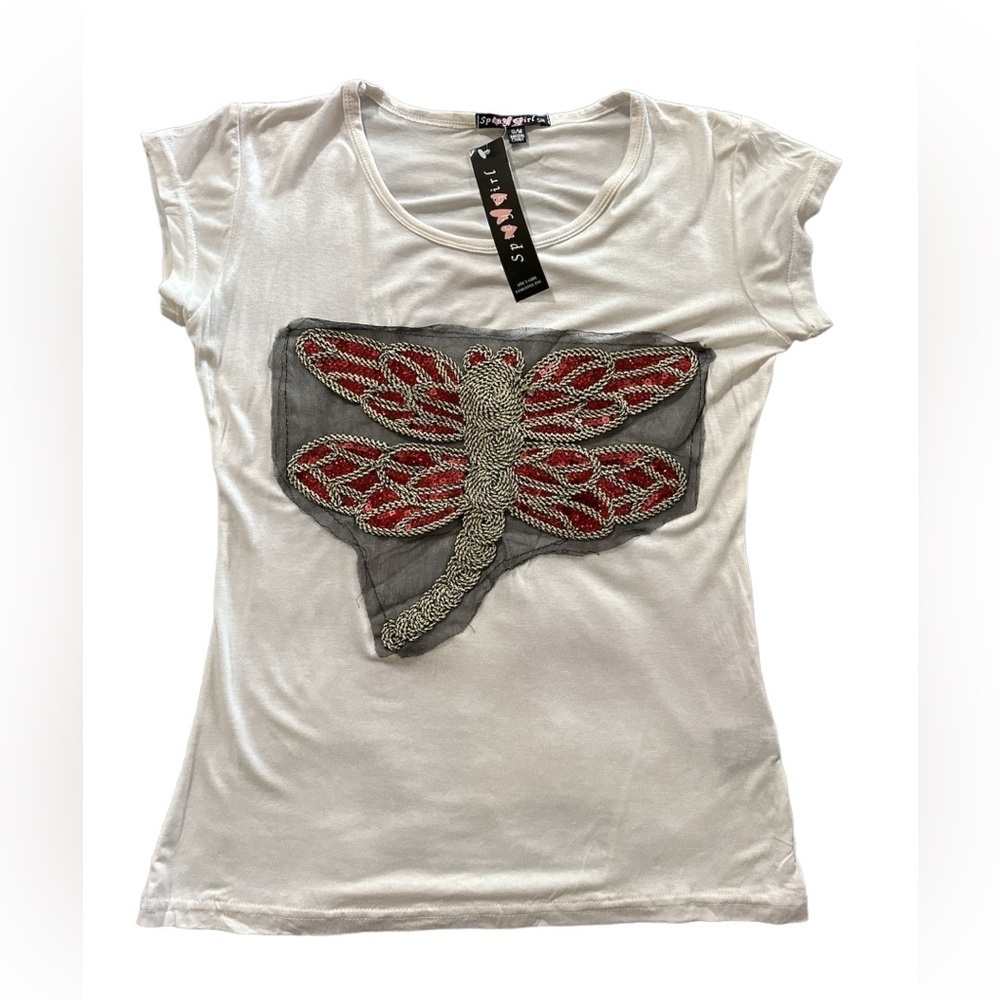 Short Sleeves Ivory S/M T Shirt With Sequins Butterfly Applique BNWT